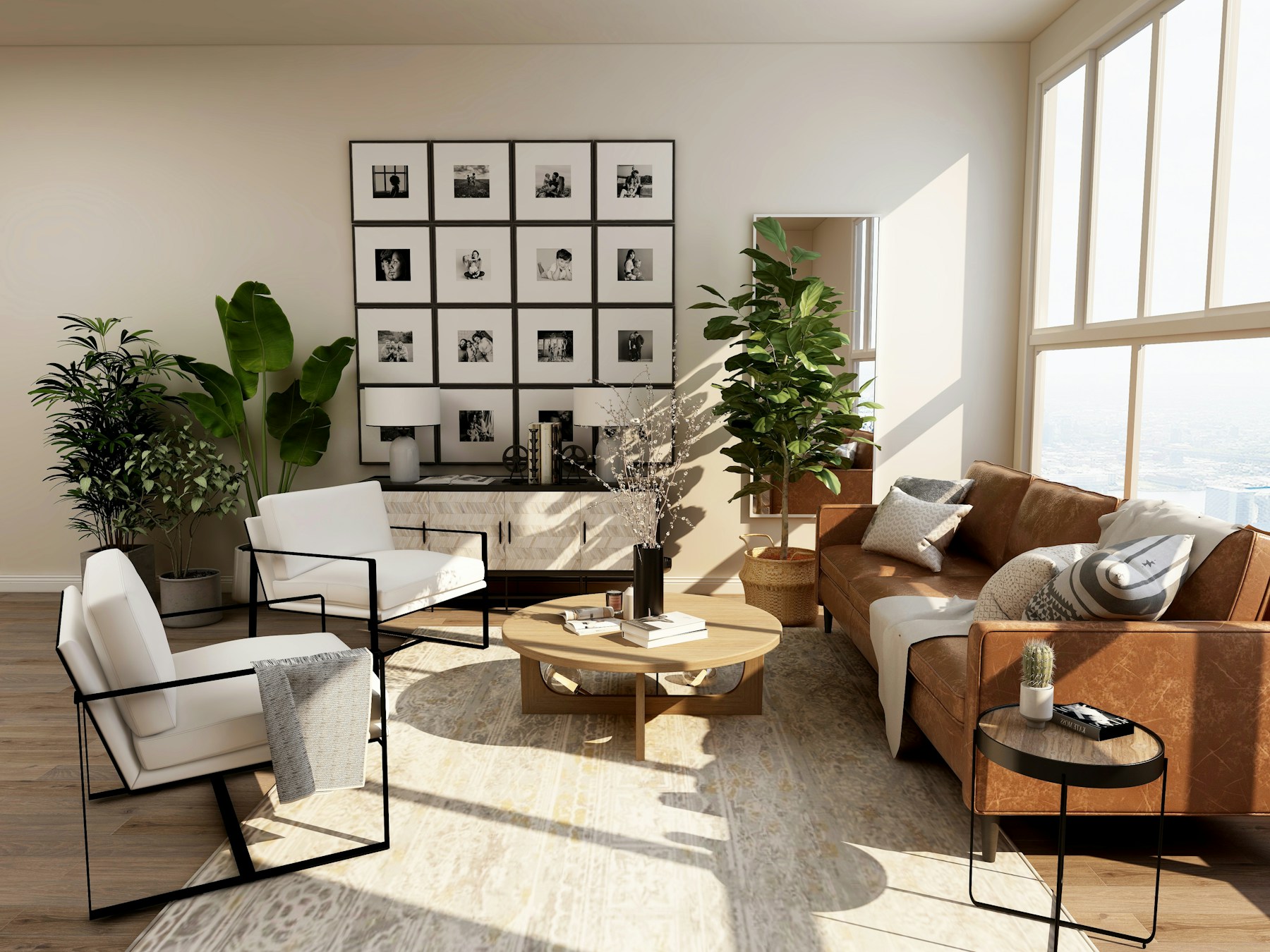 Living cálido y luminoso que ilustra un hogar conectado